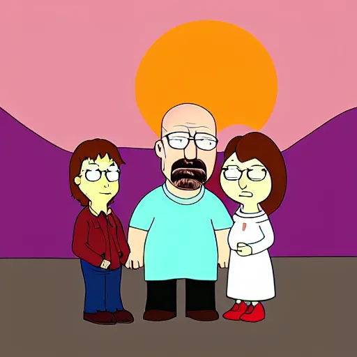 Image similar to Walter White in the style of family guy in a sunset scene