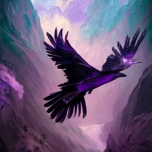 Prompt: portrait of a beautiful raven perched on purple crystals that are glowing in a misty valley, establishing shot, extremly high detail, foto realistic, cinematic lighting, by Yoshitaka Amano, Ruan Jia, Kentaro Miura, Artgerm, post processed, concept art, artstation, raphael lacoste, alex ross
