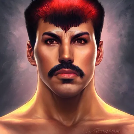 Image similar to ultra realistic freddy mercury as ryu from street fighter, portrait, 4 k, ultra realistic, detailed focused art by artgerm and greg rutkowski and alphonse mucha
