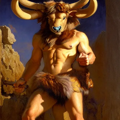 Image similar to a portrait of a furry minotaur wearing a tshirt and pants, furry body, furry chest, furry arms, furry legs, tail. highly detailed painting by gaston bussiere, craig mullins, j. c. leyendecker, furry