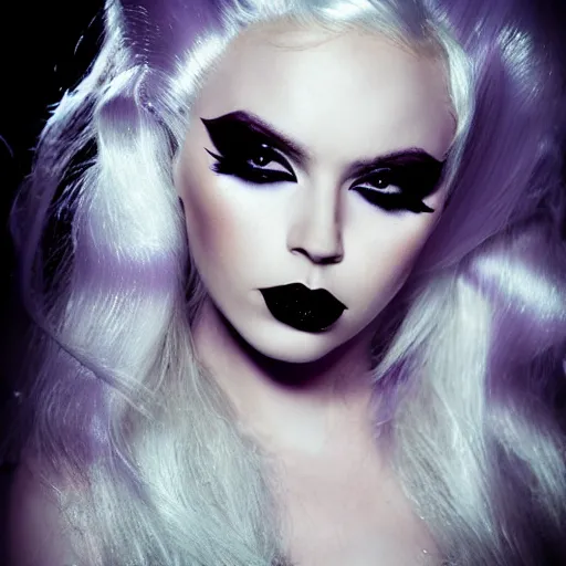 Image similar to modeling photograph kerli koiv, blonde, femme fatale jessica rabbit, beautiful, dark, mysterious, bubble goth makeup, detailed flawless face, dramatic darkroom lighting high exposure, head and shoulders 8 0 mm camera