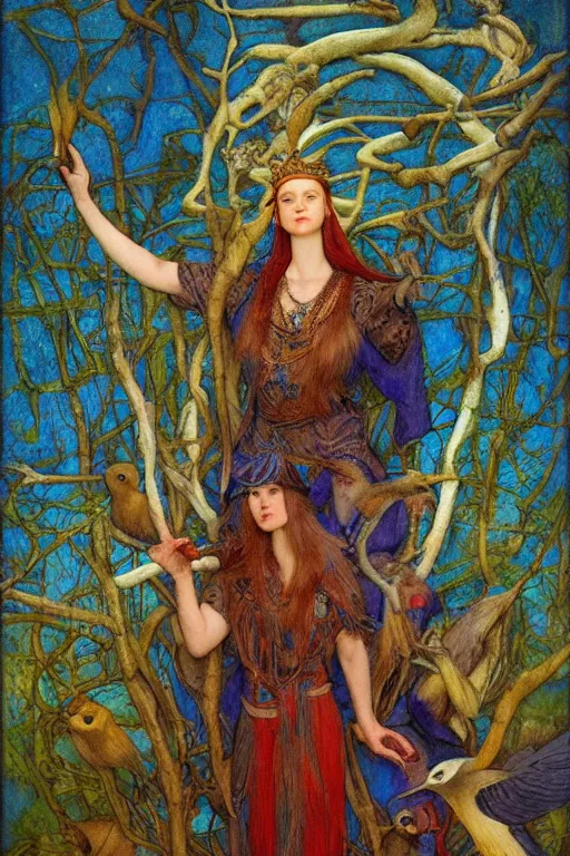 Image similar to the queen of the forest with her birds, by Annie Swynnerton and jean delville and Nicholas Roerich, elaborately costumed, rich color, dramatic cinematic lighting, smooth, sharp focus, extremely detailed, featured on artstation