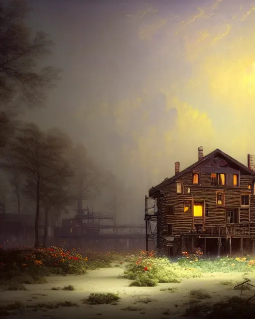 Prompt: a beautiful photorealistic illustration of city log house urbex abandoned unfinished building architecture nature building industrial architecture by ivan aivazovsky, flowers vaporwave at night at dusk fantasy, archdaily, wallpaper, highly detailed, trending on artstation.