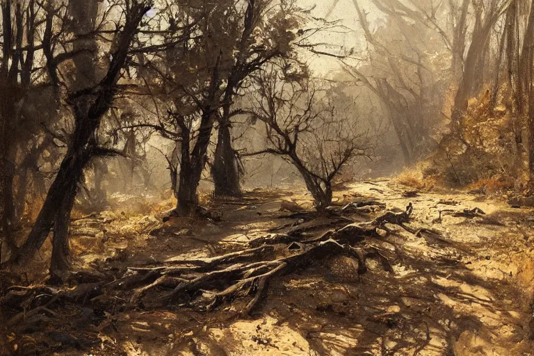 Image similar to painting of a path in a desolate valley, a dead stump of a tree at the crossroad, by jeremy mann and greg rutkowski, intricate cinematic light, oil on canvas