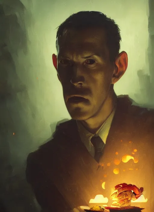 Prompt: highly detailed portrait of h p lovecraft eating shushi by greg rutkowski, mike mignola, tom bagshaw artgerm and ross tran, beautiful dramatic dark moody lighting, cinematic atmosphere, glossy magazine painting, global illumination, deep color, 8 k resolution, high details, flickr, dslr, artstation