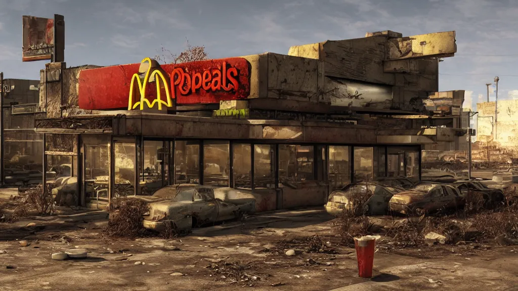 Image similar to post apocalyptic McDonalds::100, fallout, wasteland, octane render, 8k