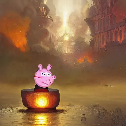 Image similar to Peppa Pig plays in front on a large nuclear mushroom and is totally oblivious to the fact that the city is in flames and everyone die. Elegant, intricate, digital painting, artstation, concept art, smooth, sharp focus, illustration, art by artgerm and greg rutkowski and alphonse mucha