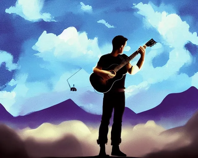 Image similar to A slightly silhouetted figure of a man with a guitar, clouds that look like mountains high in the sky, the clouds are a deep blue purple color with the sun blazing behind the clouds, deep focus, D&D, fantasy, intricate, elegant, highly detailed, digital painting, artstation, concept art, matte, sharp focus, illustration, hearthstone, art by Andreas Rocha and Esao Andrews