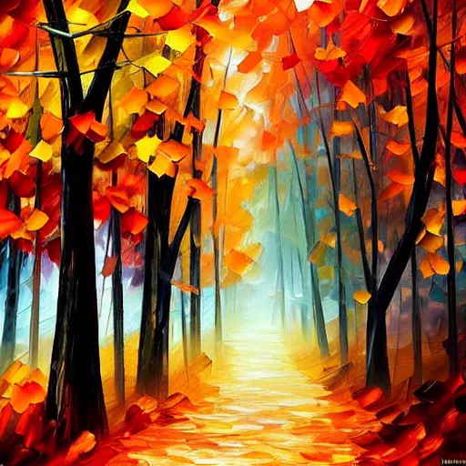 Prompt: beautiful leonid afremov painting of a foggy forest path on a lovely autumn day. trending on artstation 8k hq