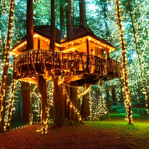 Image similar to a professional photograph of a treehouse in a forest covered in fairy lights, HD, high quality, highly detailed, award-winning