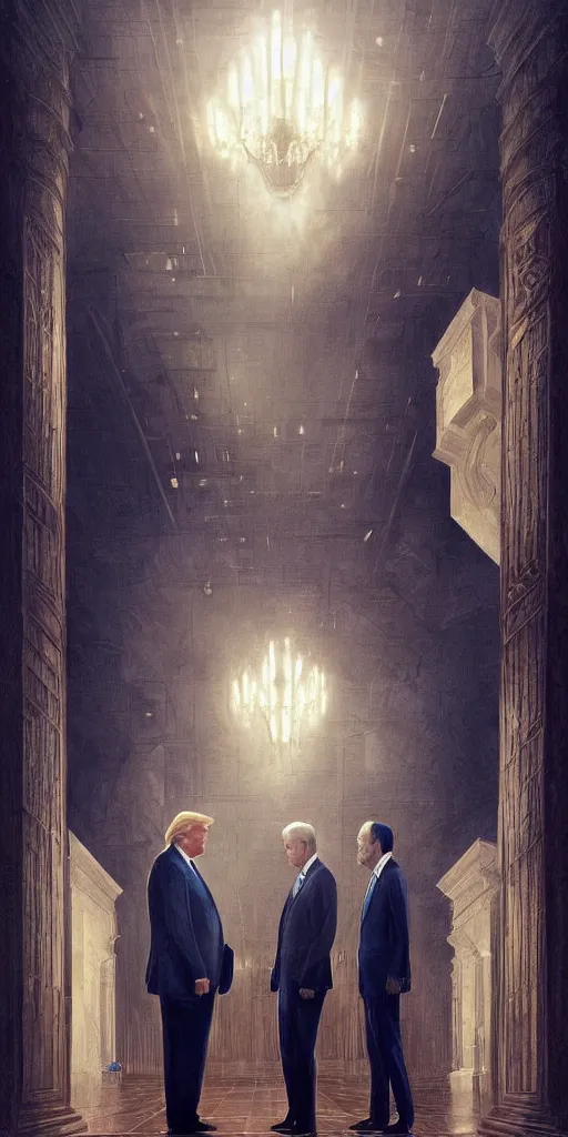 Image similar to symmetry!! donald trump and joe biden looking at each other in a hall, evil, very detailed, perfect lighting, perfect composition, 4 k, artgerm, derek zabrocki, greg rutkowski