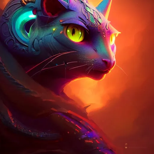 Image similar to beautiful colorful dragon cat. intricate portrait, occult cyberpunk, ancient futuristic, dark art, occult. by Petros Afshar, by artgerm, by Eddie Mendoza, by Peter mohrbacher, octane render, 3d, unreal engine, depth of field, bokeh, motion blur, blur