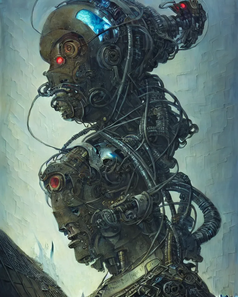 Image similar to low angle shot of a cyberpunk robot character in chernobyl, intricate, elegant, highly detailed, centered, digital painting, artstation, concept art, smooth, sharp focus, illustration, artgerm, tomasz alen kopera, peter mohrbacher, donato giancola, joseph christian leyendecker, wlop, boris vallejo