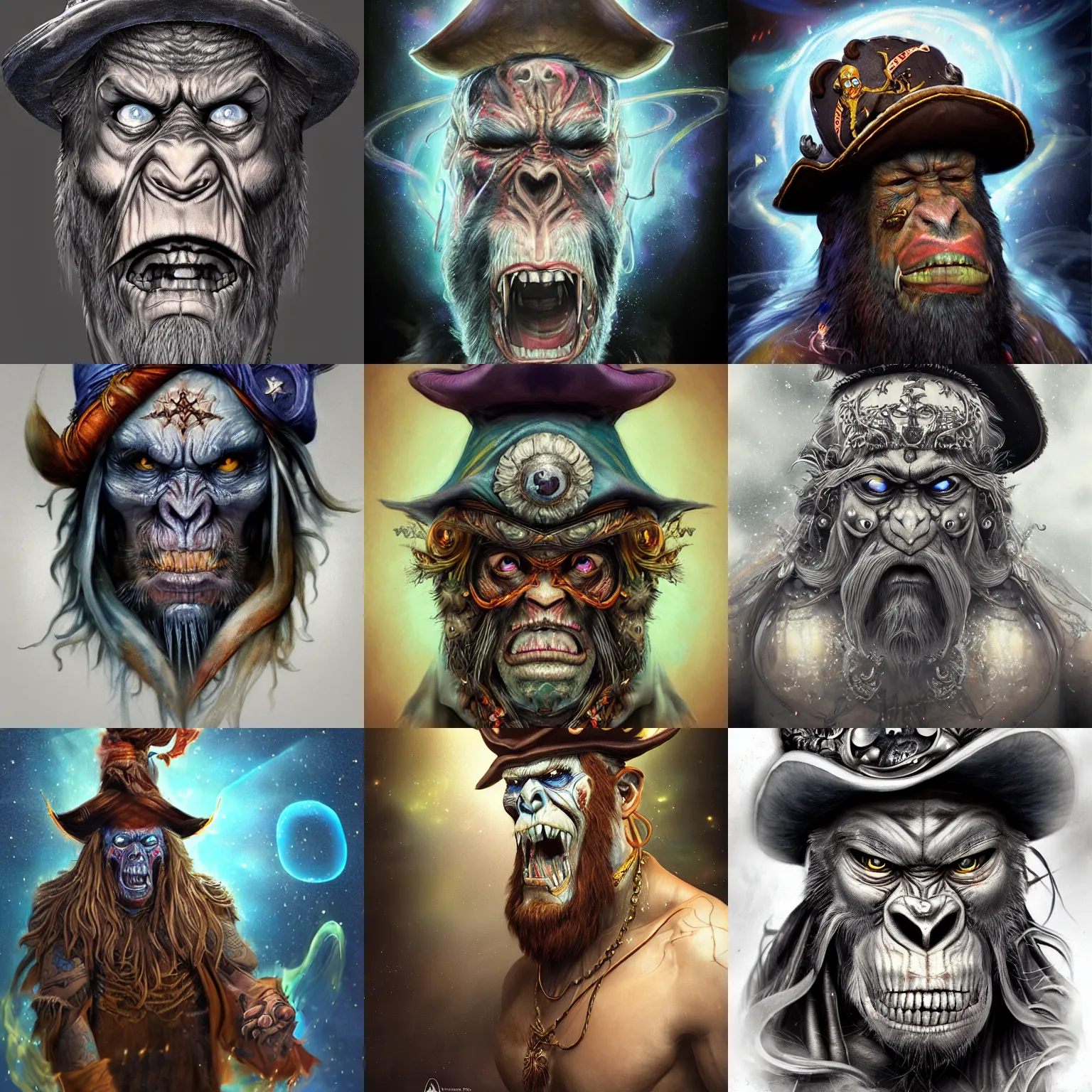 Prompt: a wlop 3 d render of very very very very highly detailed beautiful mystic portrait of a angry ghost ape pirate in a hat with whirling galaxy around, tattoos by anton pieck, intricate, extremely detailed, digital painting, artstation, concept art, smooth, sharp focus, illustration, intimidating lighting, incredible art,