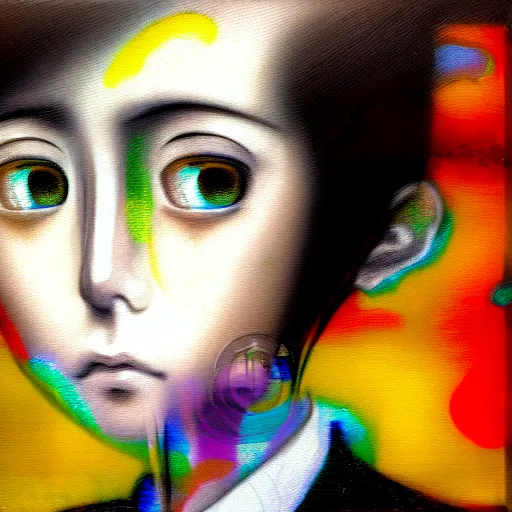 Image similar to yoshitaka amano blurred and dreamy realistic three quarter angle portrait of a young woman with short hair and black eyes wearing office suit with tie, junji ito abstract patterns in the background, satoshi kon anime, noisy film grain effect, highly detailed, renaissance oil painting, weird portrait angle, blurred lost edges