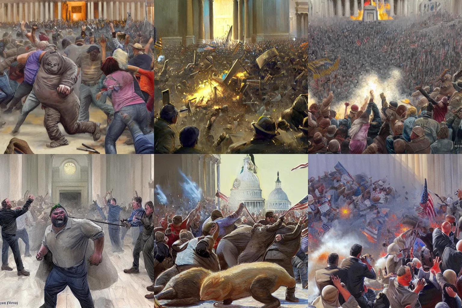 Prompt: big chungus rioting inside the capitol building on jan 6th, painting by james gurney