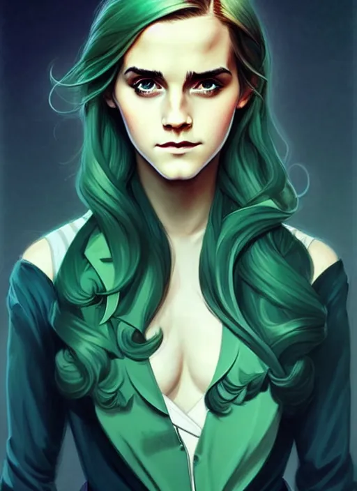 Prompt: style artgerm, joshua middleton, emma watson with green dress, very long blue hair, symmetrical face, symmetrical eyes, steampunk western gunslinger with monocle, cinematic lighting