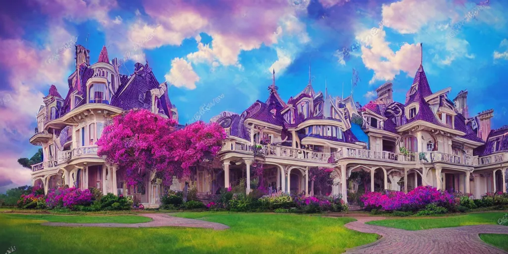 Prompt: art nouveau style mansion, summer clouds, dawn, romantic, bright colors, flowerbeds, vines, god rays, realistic, filmic lighting