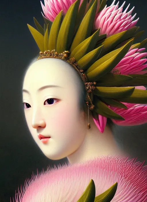 Image similar to stunning japanese godess, detailed pink and white protea head peace against a black backdrop by ivan aivazovsky, wlop, sharp details, photorealism, oil painting, beautiful soft lighting, muted colours, artstation