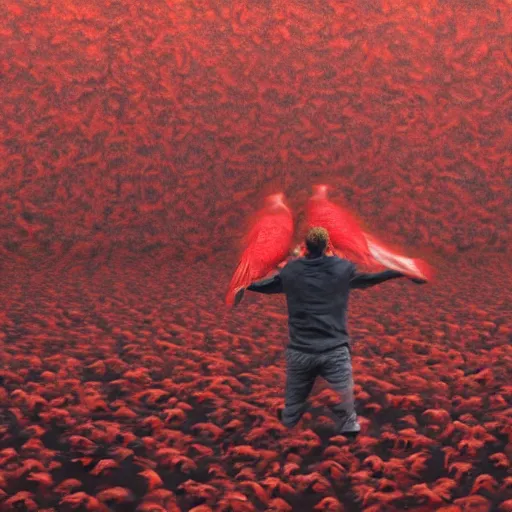 Prompt: a person whose torso has exploded forcefully into a flock of red birds very cinematic hyperreal painterly