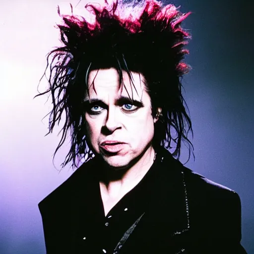 Prompt: brad pitt starring as robert smith from the cure, movie still, concert photo, 8 k