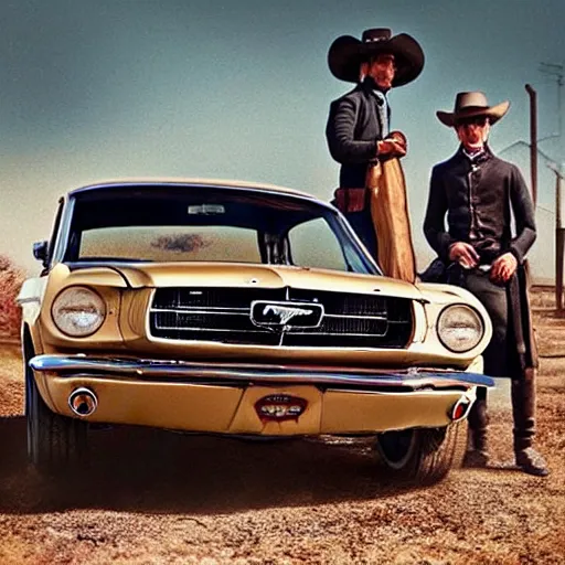 Prompt: “1965 Ford Mustang in a Wild West town with horses and people dressed in 1800s attire in background, photorealistic, high detail”