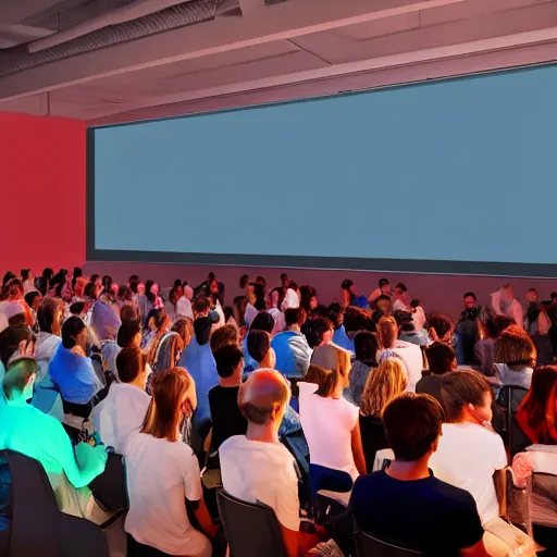 Image similar to cartoon, people listening to presentation on large screen, sitting in a large hall, dim painterly lighting volumetric aquatics, party