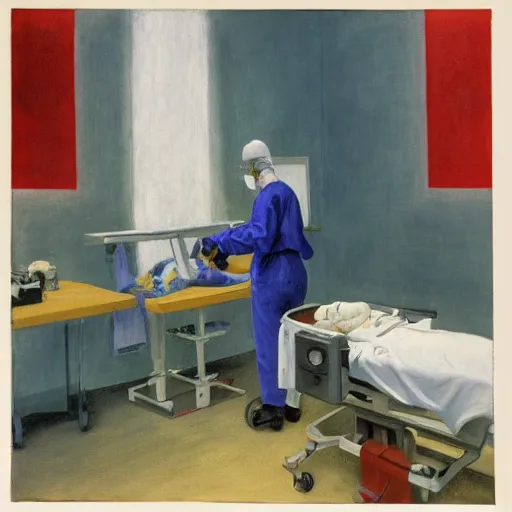 Prompt: A mixed media painting of a surgeon standing in an operating room, surrounded by new technology, infused with lightning, very aesthetic, dramatic, surgical mask on, surgical gown and scrubs on, by Edward Hopper, Matisse, Picasso, CGsociety, full length, exquisite detail, post-processing, hyperrealistic, award winning, masterpiece, cinematic