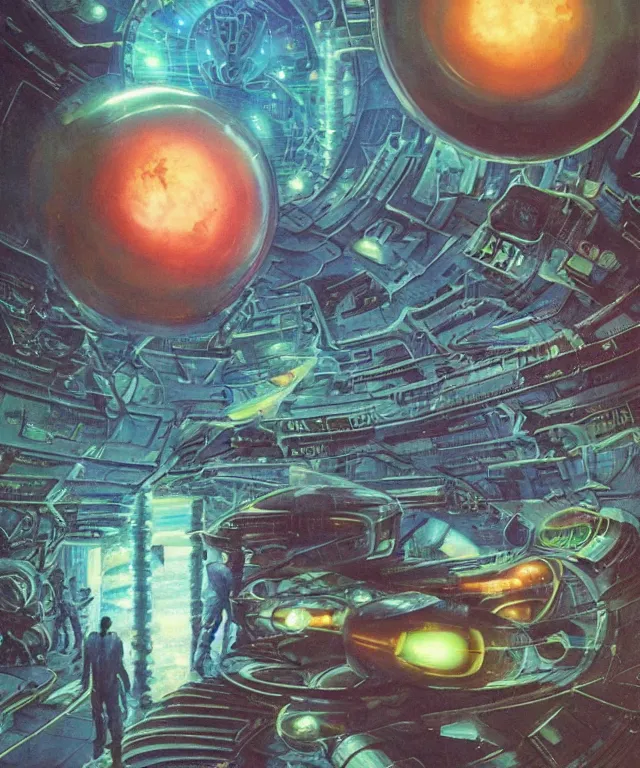 Prompt: a futuristic space colony, large bubble archaeologies, highly detailed, sci-fi, high-tech, neon lights, alien technology, vincent di fate, chris moore, chris foss