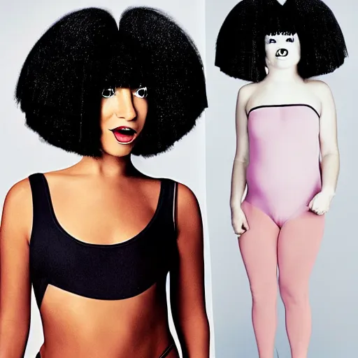 Prompt: Sia furler photoshoot wearing a leotard full body puffy sia wig