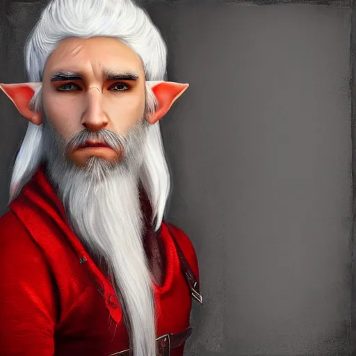 Image similar to a highly detailed portrait of a middle aged male elf with white hair and a very short beard, in red clothes, artstation, deviantart, professional, photorealistic