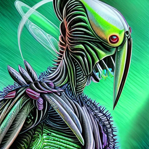 Image similar to biological illustration of mantis - headed bipedal intelligent alien, science fiction, full color, wayne barlow, mike mignogna, douglas netter, - ar 1 8 : 9