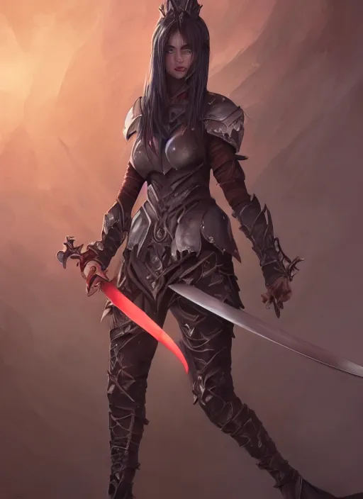 Image similar to full body portrait of a barefoot vampire swordswoman wearing heavy plate armor, real human feet, barefoot, two - handed sword, lithe, athletic, beautiful, enchanting, elegant, detailed, anatomically accurate, reasonable fantasy, good lighting, in the style of guweiz, z. w. gu on artstation, 4 k.