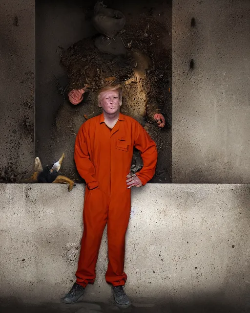Image similar to a head and shoulders portrait of Donald wearing a orange jumpsuit, sitting on a toilet holding a bible in a filthy rat infested concrete jail In a maximum security prison, dimly lit, volumetric lighting, arney freytag, craig mullins and Annie Leibowitz, octane, 8k,