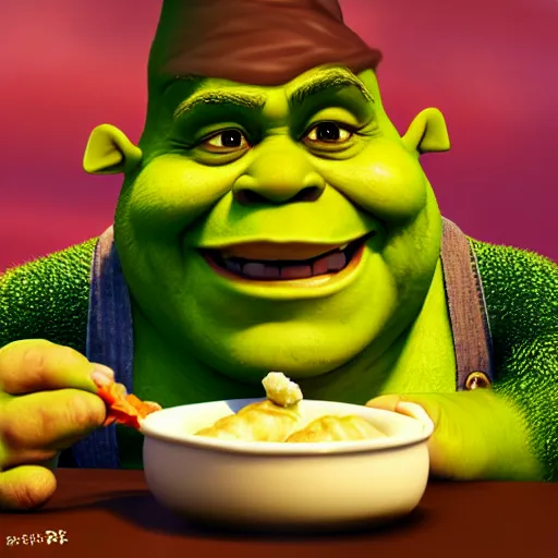 Image similar to happy shrek eats dumplings, concept art, trending on artstation, highly detailed, intricate, sharp focus, digital art, 8 k