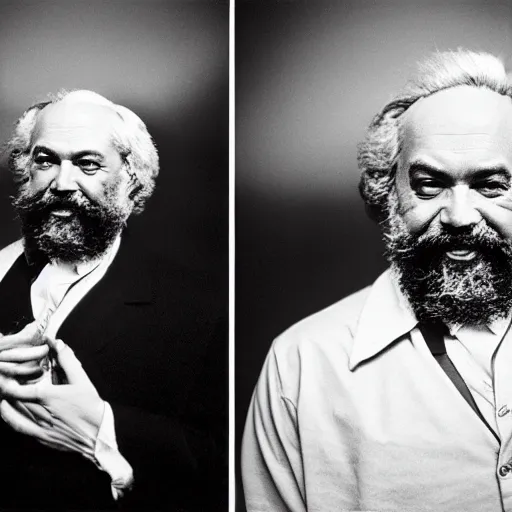 Image similar to Karl Marx smiling, photoshoot, 30mm, Taken with a Pentax1000, studio lighting