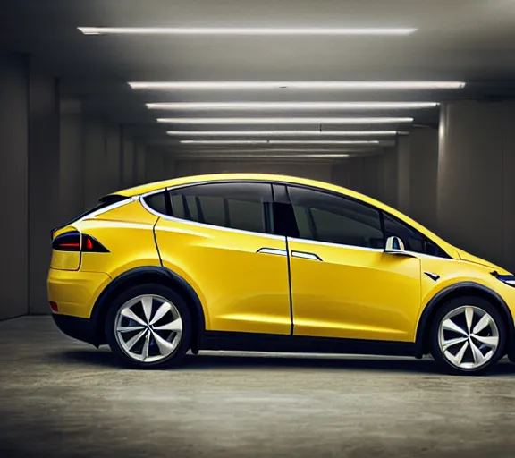 Prompt: a beautiful!!!!!!! studio photograph of a yellow-Tesla-Model-X; f/1.4; 90mm