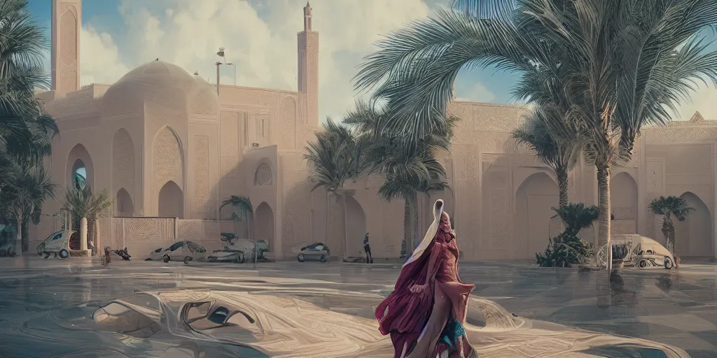 Image similar to Futuristic Morocco, palm trees , Moroccan mosque ,WLOP, flying cars ,James Jean, tom bagshaw, rococo, trending on artstation, fantasy, intricate, elegant, highly detailed, digital painting, concept art, smooth, illustration, cinematic lighting, hyper realism, octane render, 8k, hyper detailed.