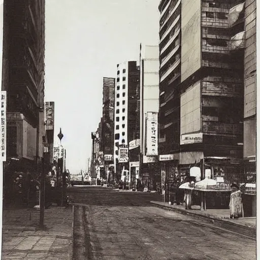Prompt: 1800s photo of modern Akihabara, sepia, faded