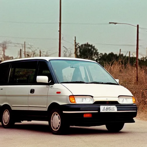 Image similar to very round 1990s Toyota Previa, 70mm flash photography