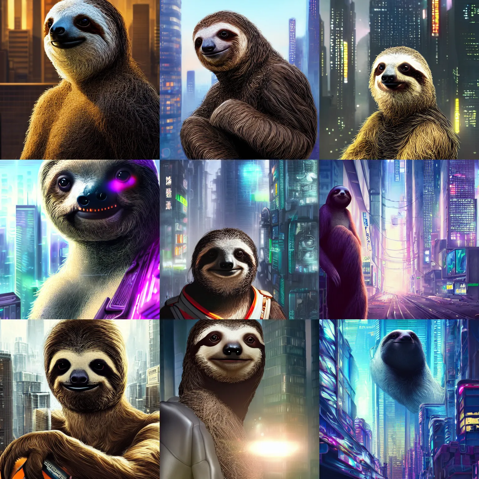 Prompt: a beautiful portrait render of a sloth in a cyberpunk city, trending on ArtStation