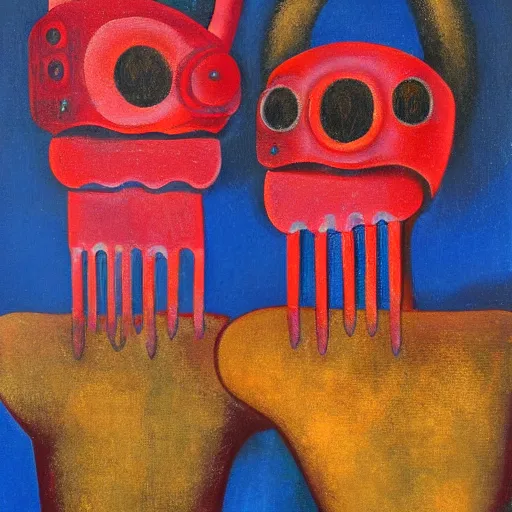 Prompt: Oil painting by Rufino Tamayo. Two mechanical gods with animal faces kissing. Oil painting by Lisa Yuskavage.