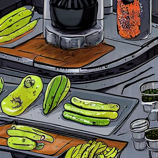 Image similar to realistic pickles in a cyberpunk kitchen