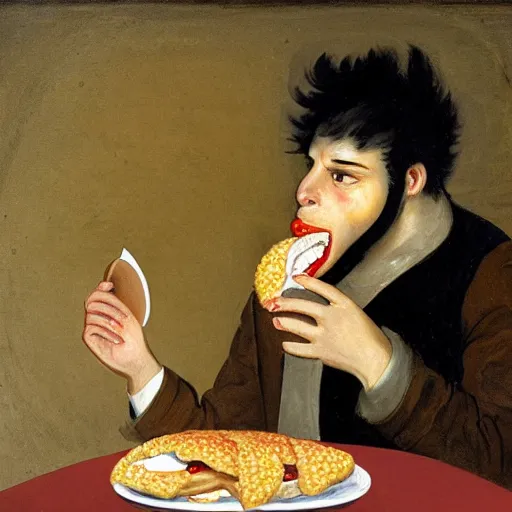 Prompt: painting of a sad man devouring cheeseburger in the style of francisco goya