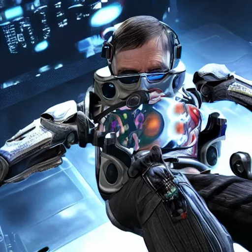 Prompt: screenshot of stephen hawking in an exoskeleton suit in tekken