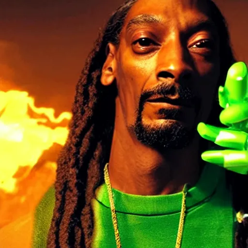 Prompt: cinematic film still of Snoop Dogg starring as a futuristic Marvel Super Hero holding green fire, 2022