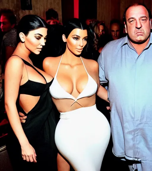 Prompt: Tony Soprano hugging kim kardashian & kylie Jenner at the same time in a mafia restaurant