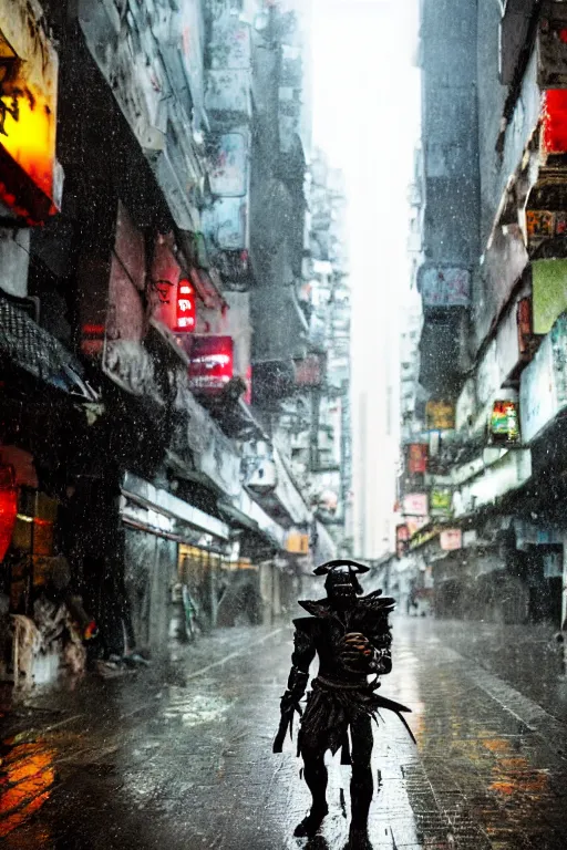 Image similar to a dynamic photograph of a orc warrior in a wet, dystopic Hong Kong bladerunner street. Realism.