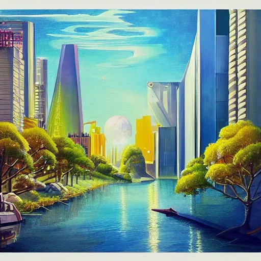 Image similar to Beautiful city of the distant future in harmony with nature. Nice colour scheme, soft warm colour. Beautiful painting by Lurid. (2022)