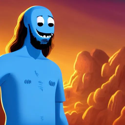 Image similar to portrait of jesus and (photorealistic version of mr meeseeks), golden hour, detailed matte painting, cinematic, in the style of Simon Dewey, artstation,